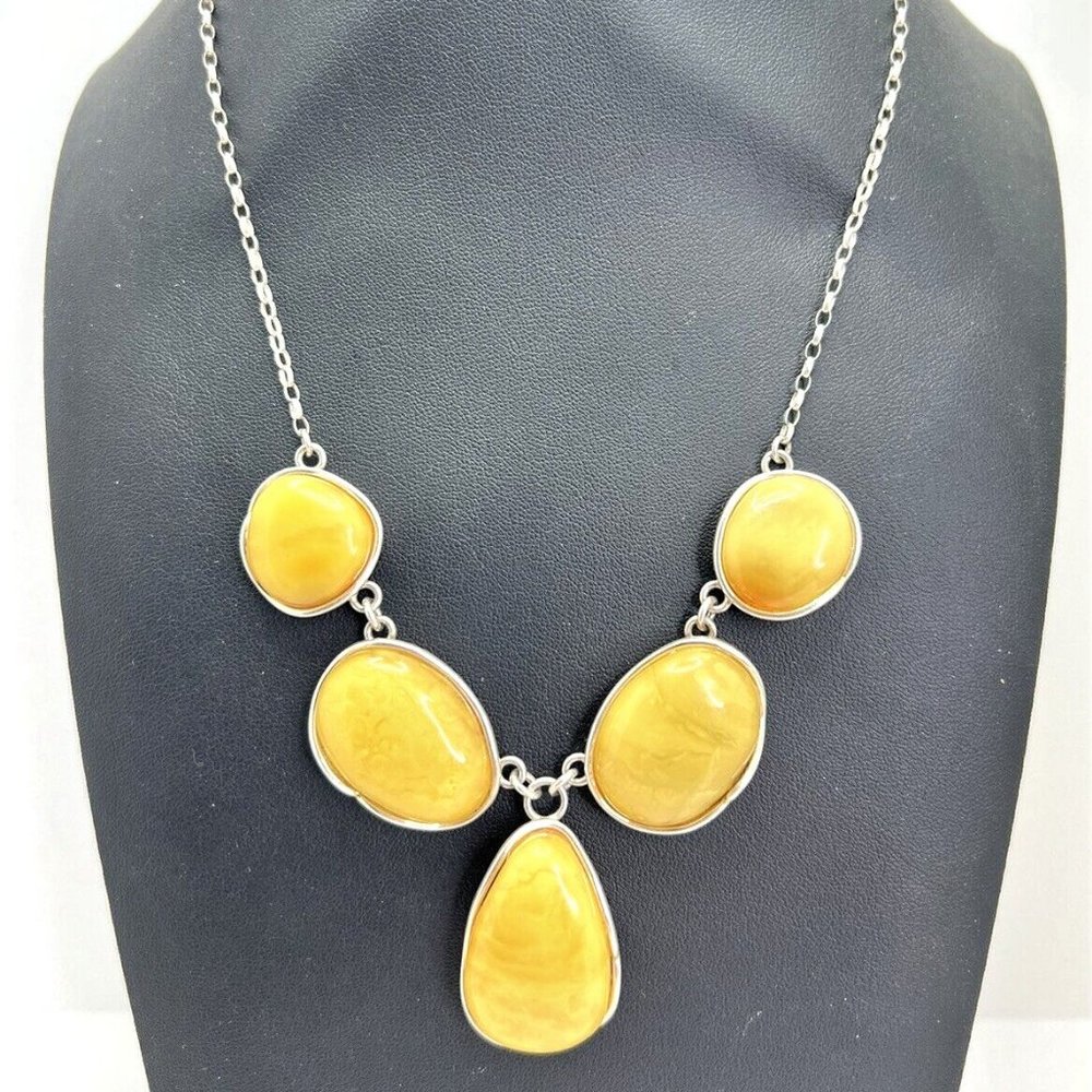 Sterling Silver LARGE Baltic Butterscotch Egg Yolk Amber Lariat Necklace Chain